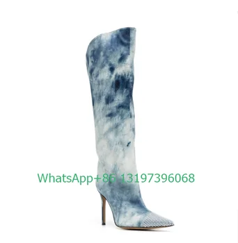 Gospa natisnjeni bela modra design tele škornje konicami prstov slip-on slog, kavbojski škornji stiletto pete sequins bling visoke pete, škornji 46