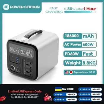 600W Portable Power Station PD60W Hitro Polnjenje 186000mAh Močan Powerbank za Zunanjo Blackout Kampiranje 보조배터리