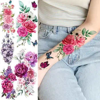 Akvarel Rose Cvet Metulj Začasne Tetovaže Za Ženske Odraslih Peony Dahlia Hyacinth Ponaredek Tatoo Stroj Pol Rokav Tatoos